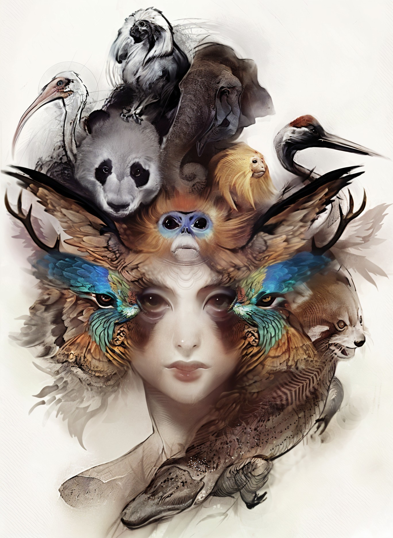 Surreal Artwork of Human Face with Animal Forms