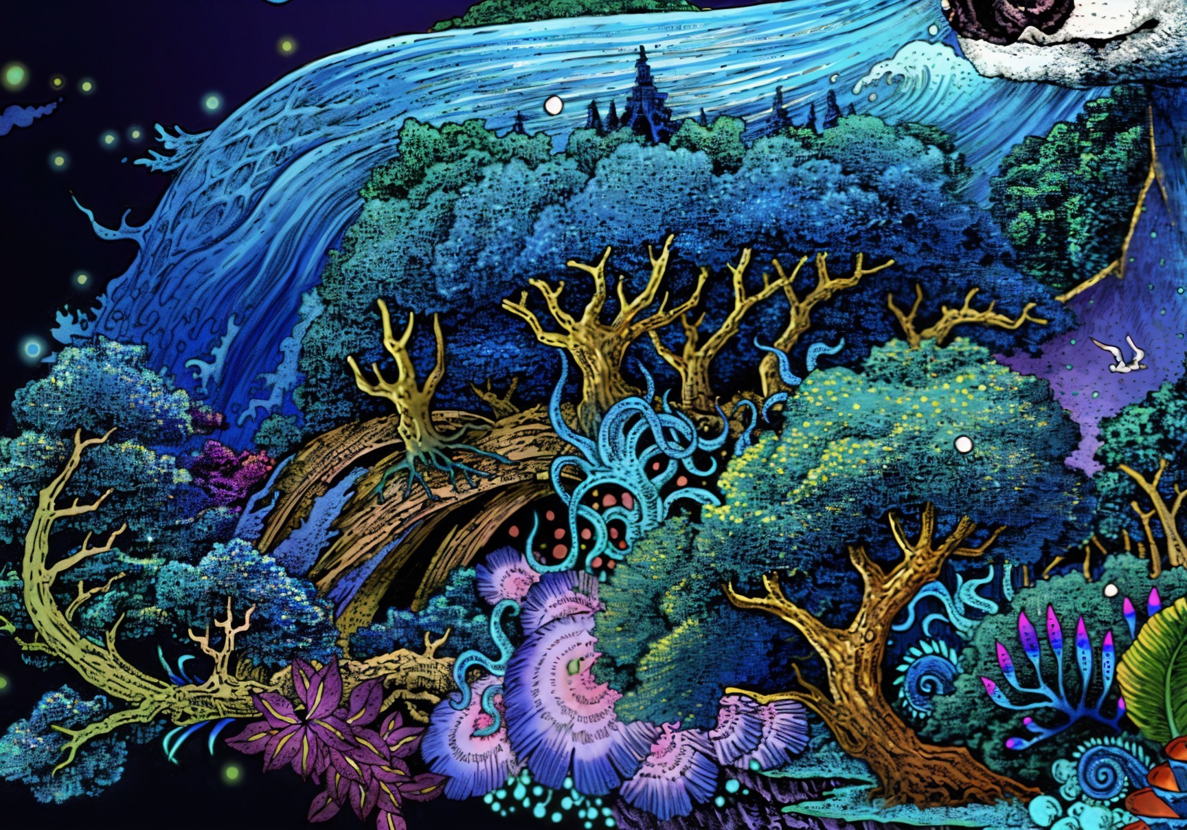 Whimsical Landscape with Lush Trees and Luminescent River