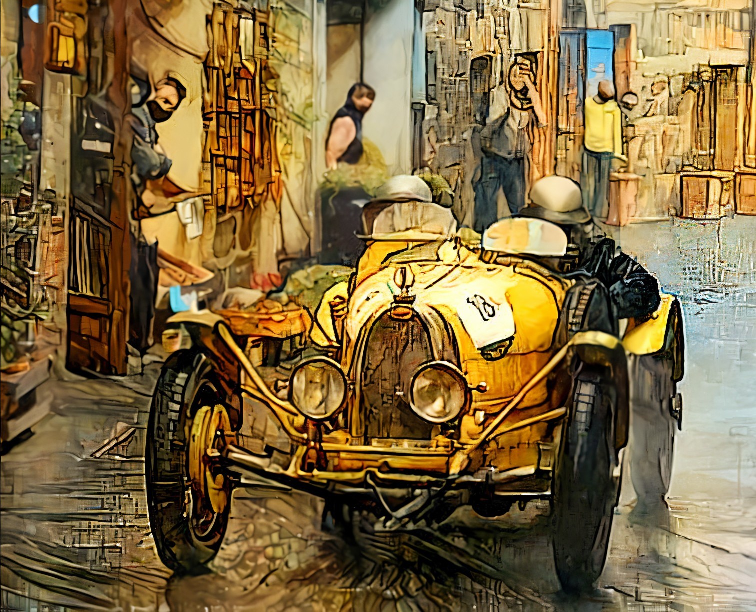 Vintage Yellow Car in Quaint Alleyway with Rustic Buildings