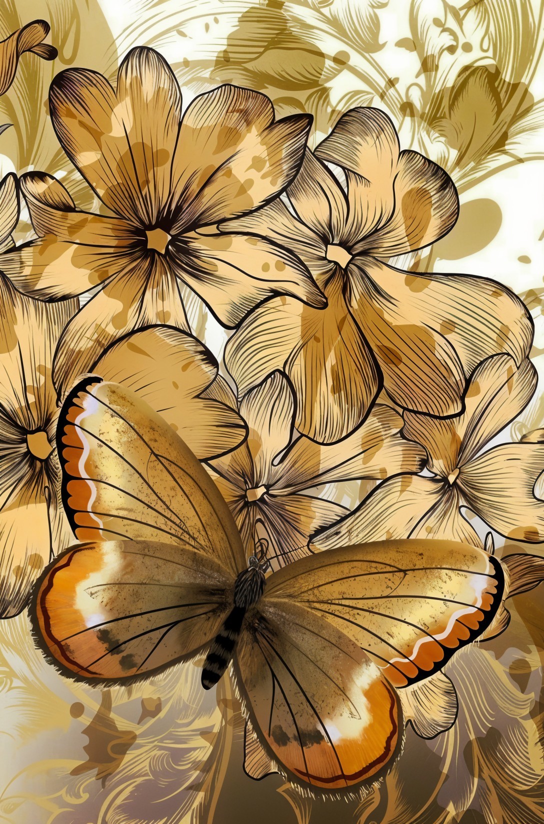 Vibrant Butterfly Among Intricate Golden Flowers