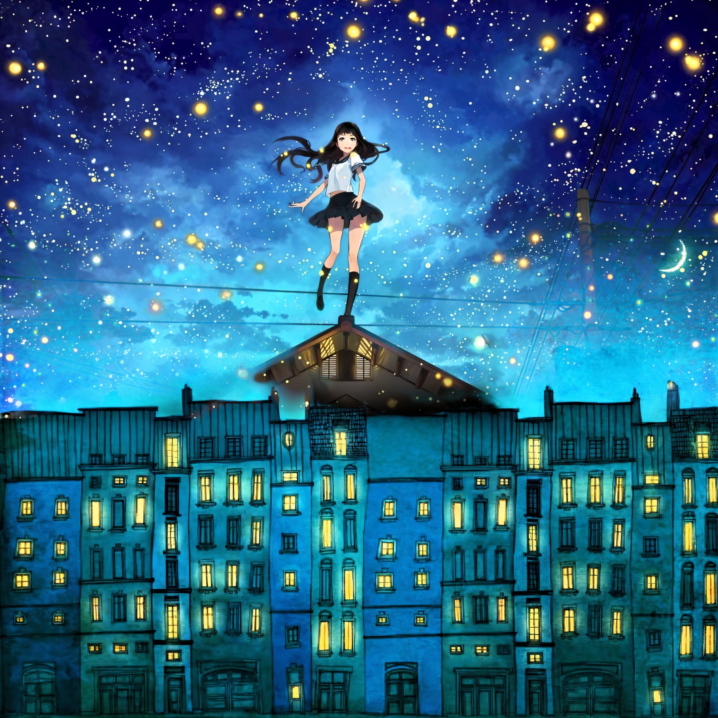 Girl in school uniform floats over vibrant cityscape at night