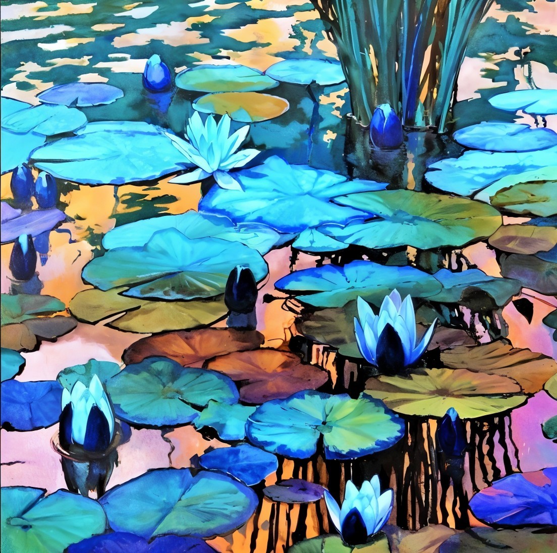 Serene Water Scene with Lily Pads and Reeds