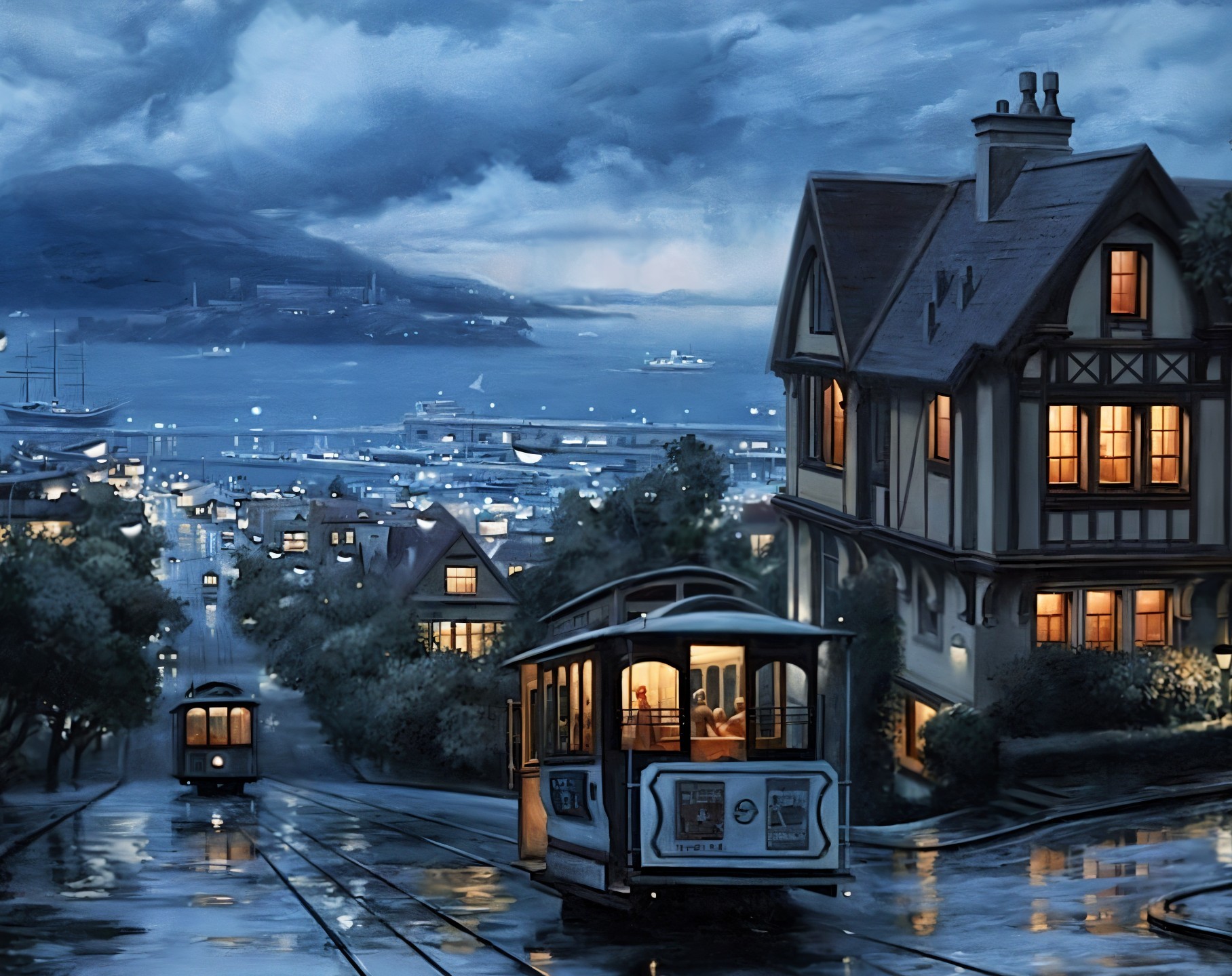 Serene Coastal Town Evening with Vintage Tram