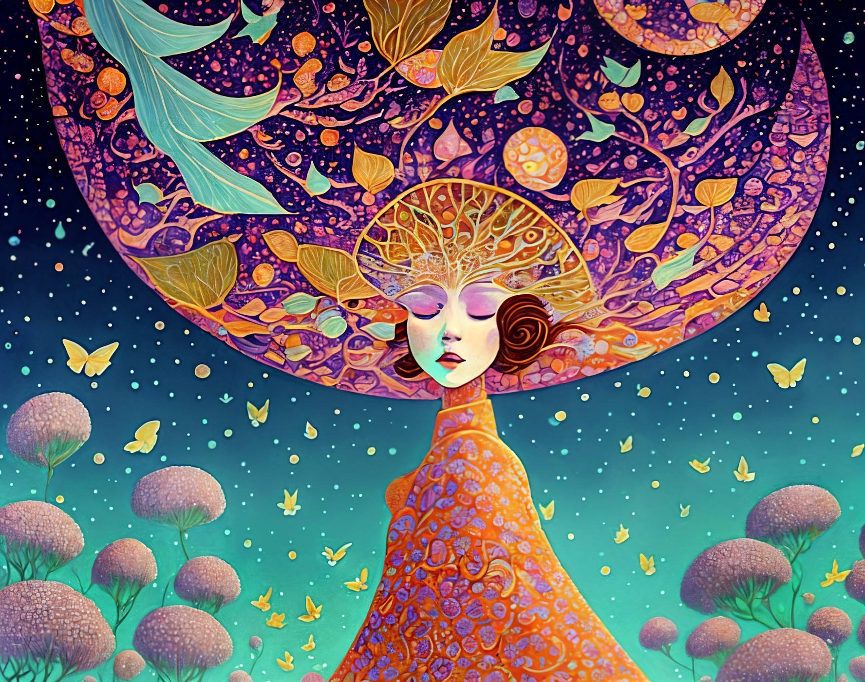 Whimsical Figure with Tree Canopy Headdress Under Stars