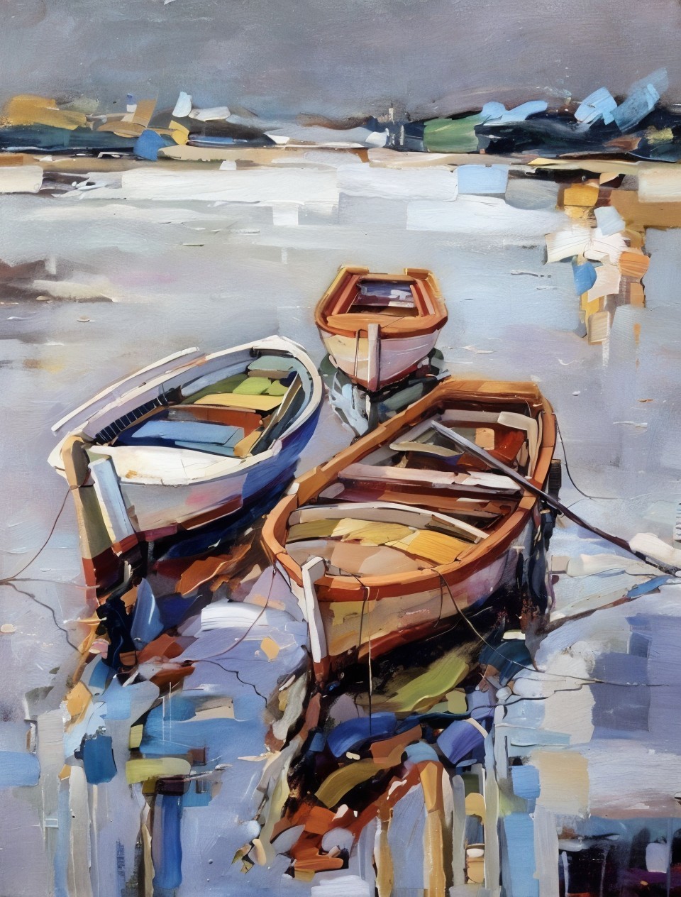 Colorful Weathered Boats in Calm Waters Artwork