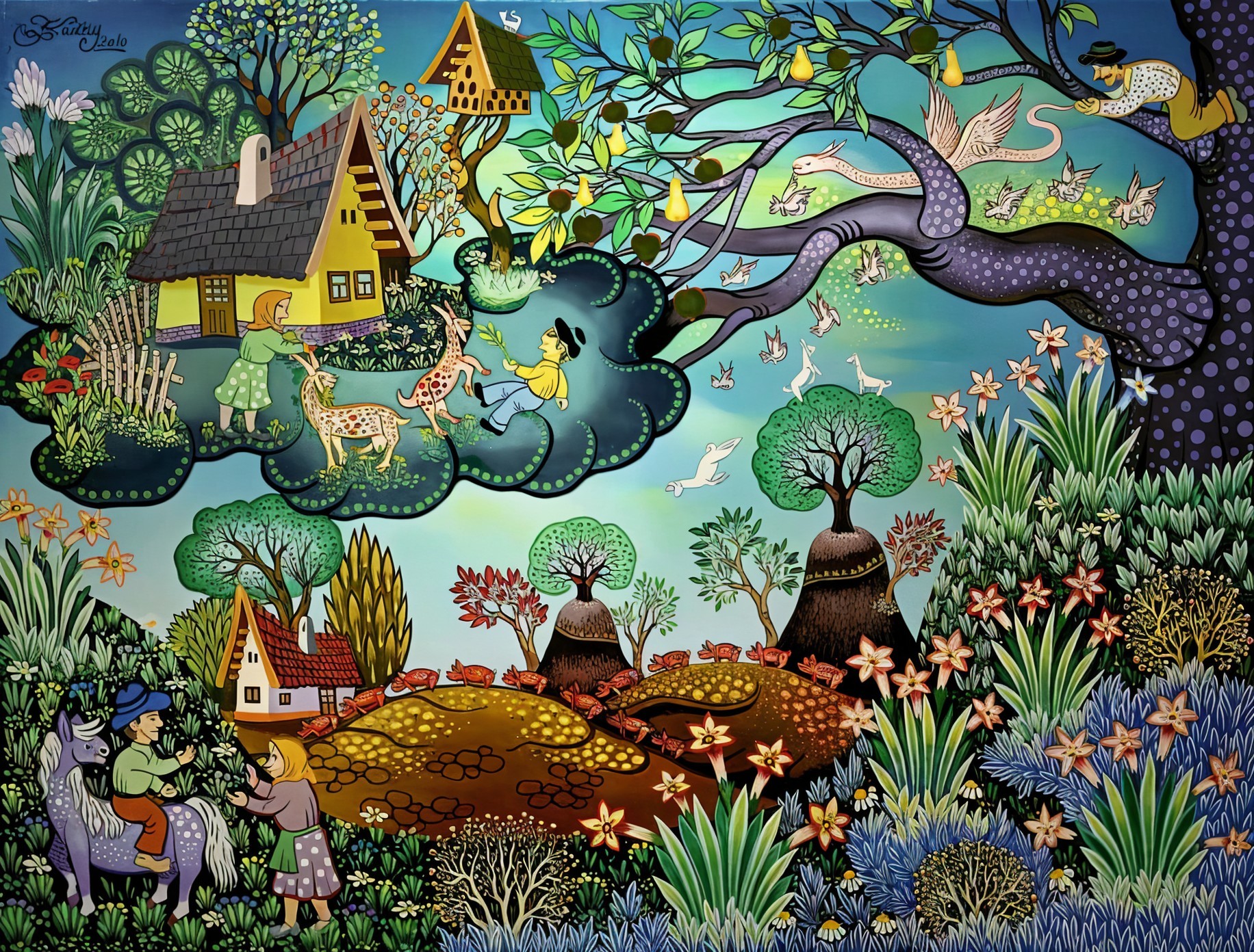 Whimsical Nature Scene with Colorful Tree and Animals