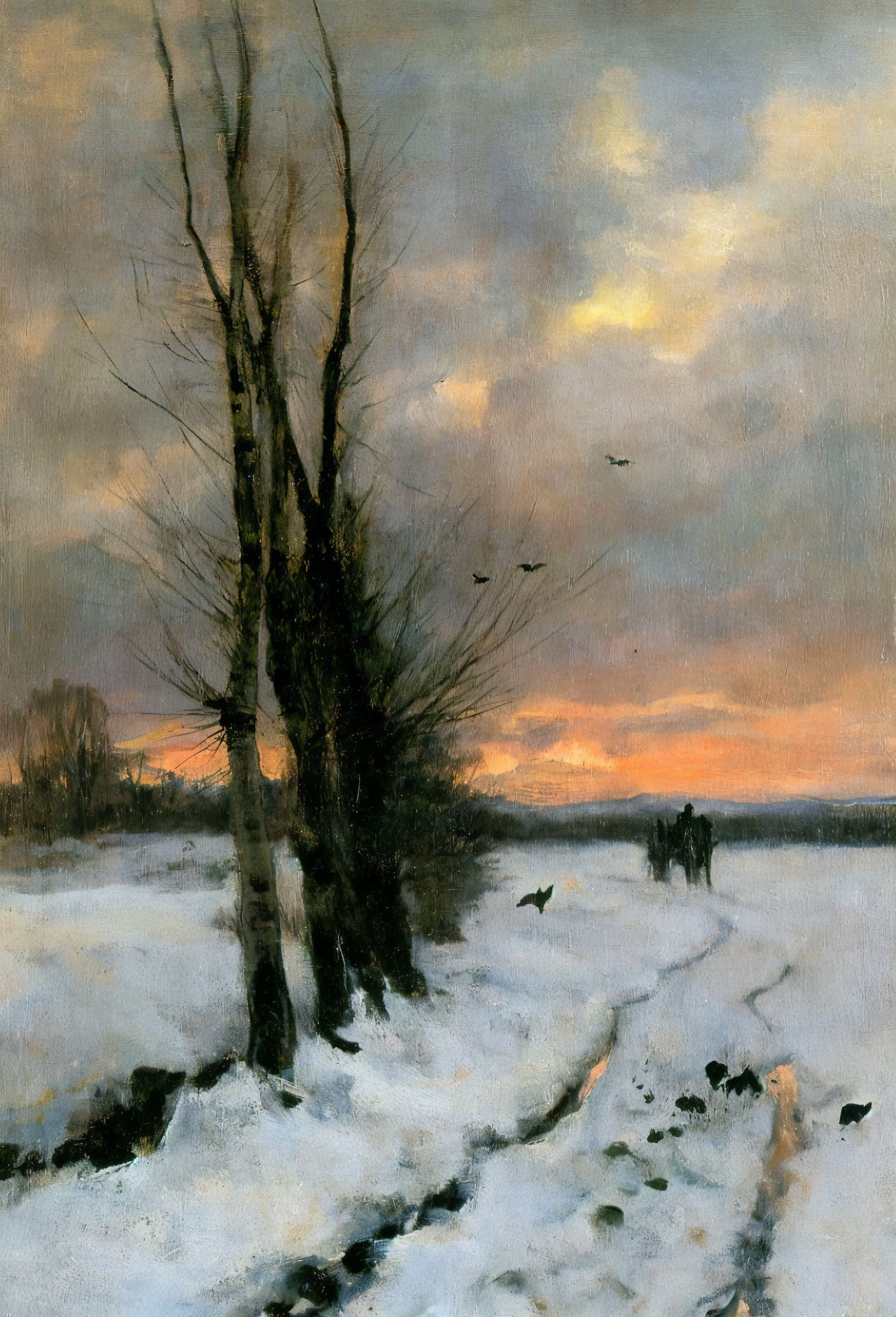Serene winter landscape with sunset and silhouettes