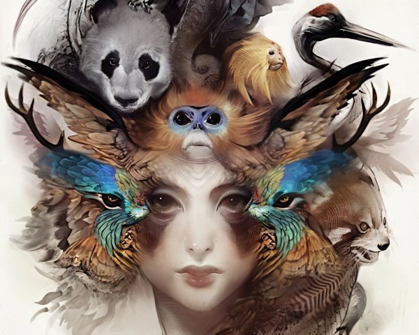 Surreal Artwork of Human Face with Animal Forms