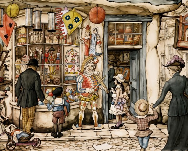 Whimsical Village Scene with Toy Shop and Jester