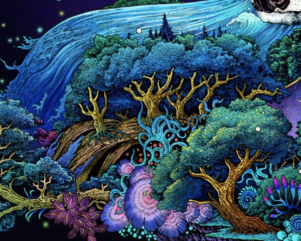 Whimsical Landscape with Lush Trees and Luminescent River