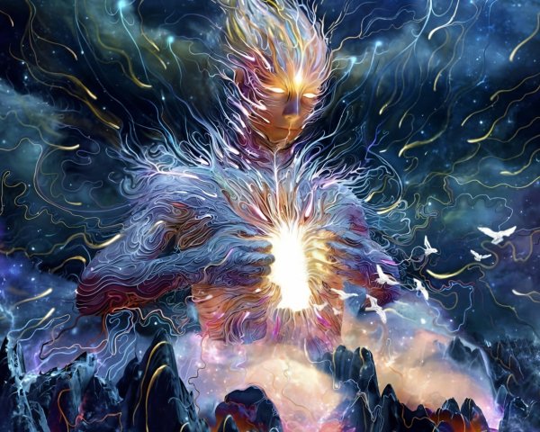 Cosmic Figure Surrounded by Galaxies and Ethereal Birds