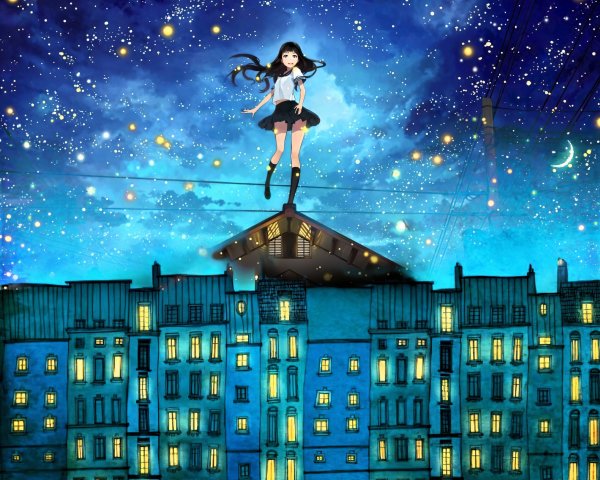 Girl in school uniform floats over vibrant cityscape at night