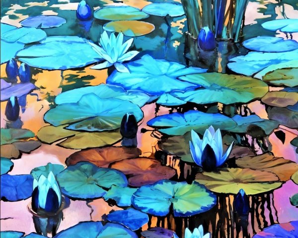 Serene Water Scene with Lily Pads and Reeds