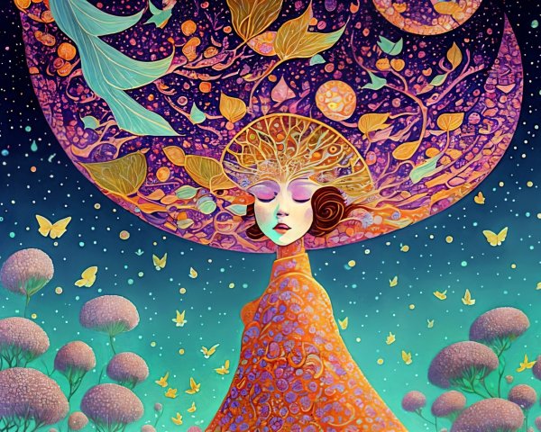 Whimsical Figure with Tree Canopy Headdress Under Stars