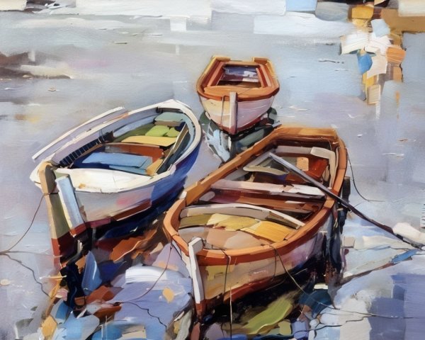 Colorful Weathered Boats in Calm Waters Artwork