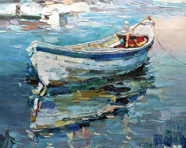 Tranquil Boat on Calm Waters in Serene Painting