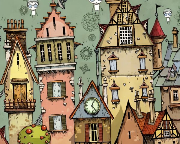 Whimsical Townscape with Quirky Buildings and Characters