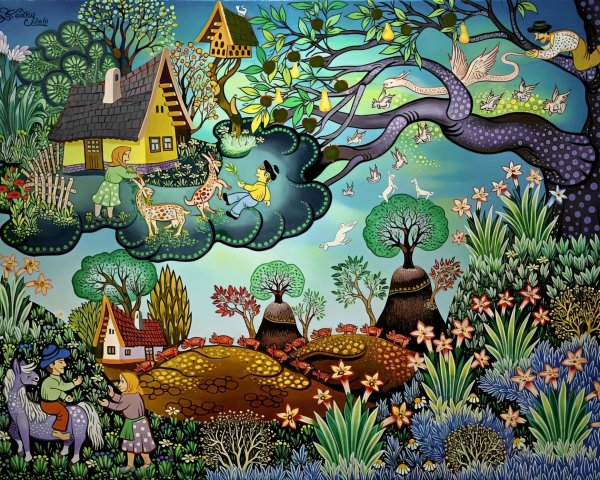 Whimsical Nature Scene with Colorful Tree and Animals