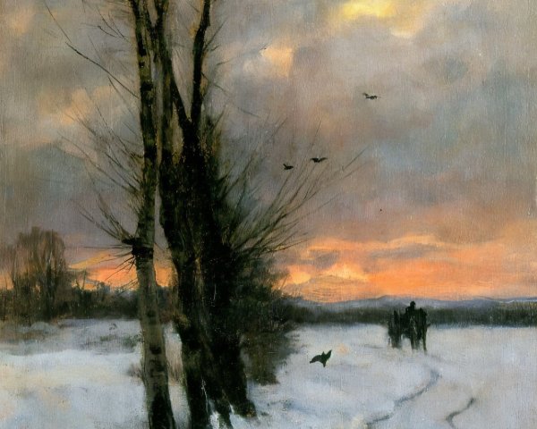 Serene winter landscape with sunset and silhouettes