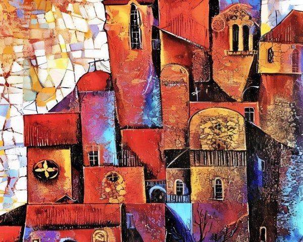 Vibrant Abstract Cityscape with Bold Colors and Patterns