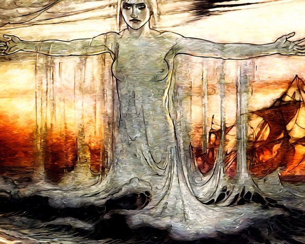 Mystical Figure in Ethereal Mist at Dramatic Sunset