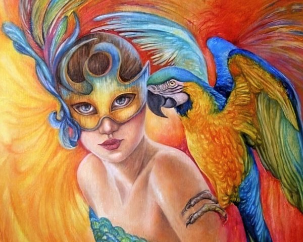 Vibrant Portrait of Woman with Masquerade Mask and Macaw