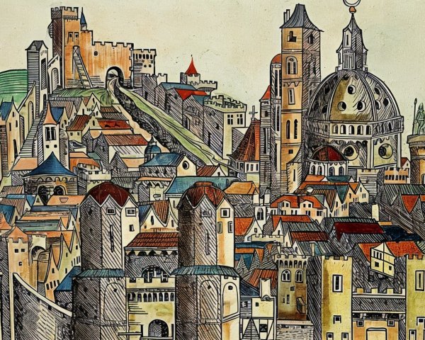 Vibrant Medieval Cityscape with Intricate Architecture