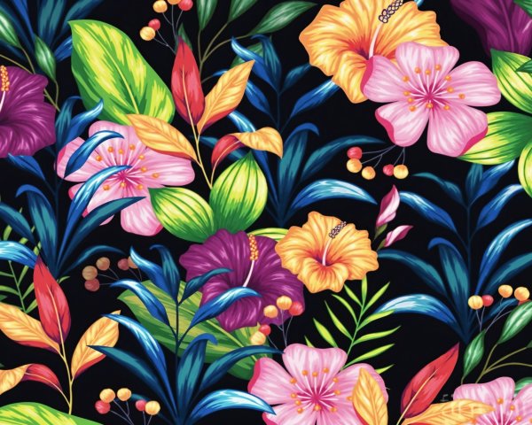 Vibrant Tropical Hibiscus Flower Pattern on Black Background
