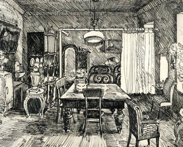Cozy Interior Sketch of a Dining Room with Plants