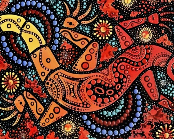 Vibrant Abstract Design with Lizard and Floral Patterns