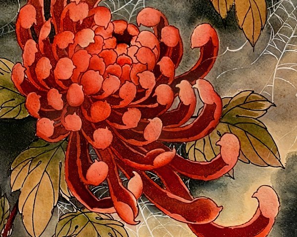 Vibrant Red Chrysanthemum with Green Leaves and Webs