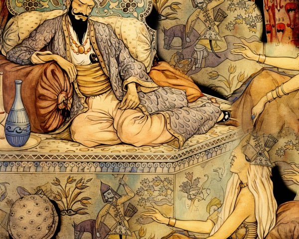 Regal Scene with King on Ornate Throne and Figures