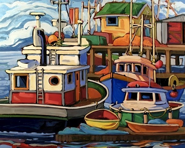 Vibrant Harbor Scene with Colorful Boats and Tugboat