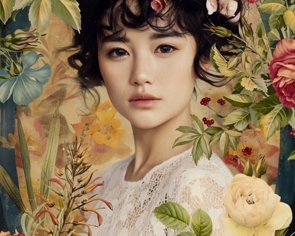 Young woman with flowers in a vibrant floral setting