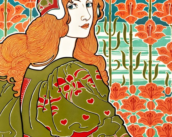 Stylized Woman in Green Dress with Floral Patterns