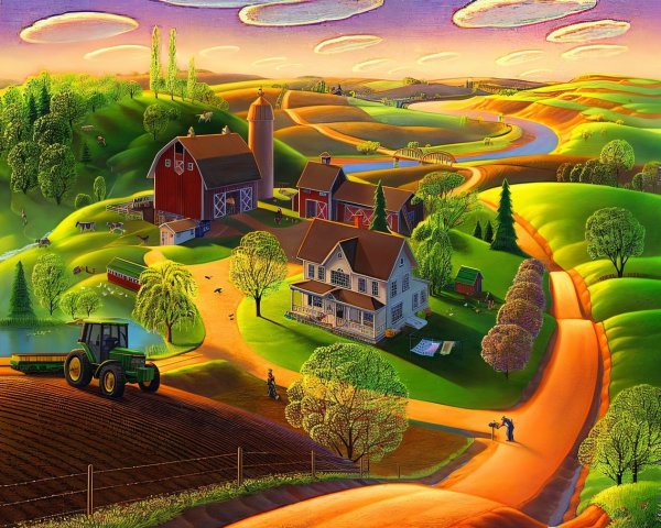 Vibrant Countryside Landscape with Farmhouse and Barn