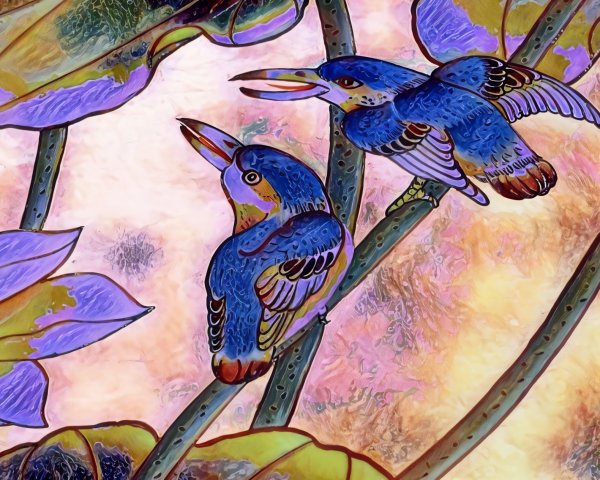 Vividly Colored Birds on Bamboo with Lush Greenery