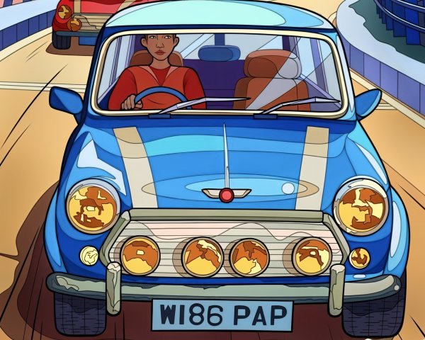 Blue Vintage Car on a Vibrant Highway Scene
