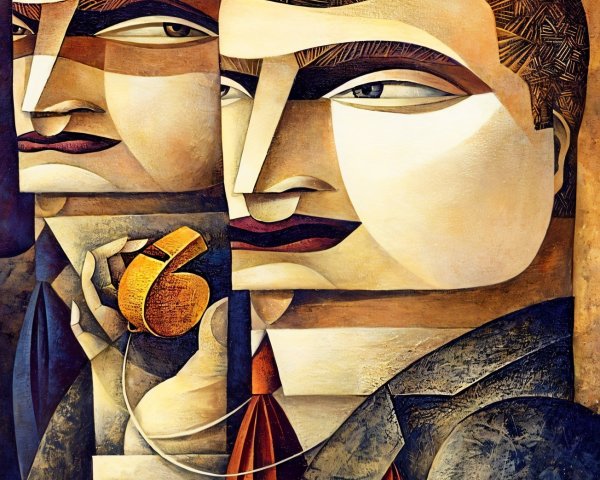 Stylized Geometric Artwork of Two Men with Telephone