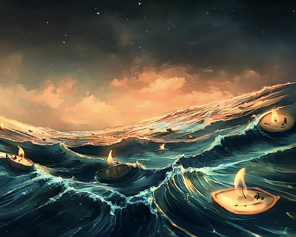Candlelit Boats on a Twilight Seascape with Waves