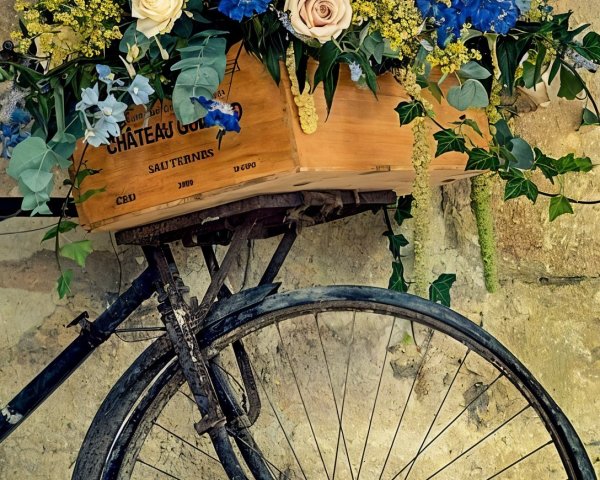 Vintage Bicycle with Flowers Against Stone Wall