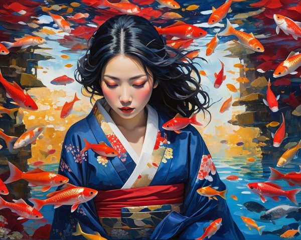 Contemplative Woman in Kimono with Koi Fish
