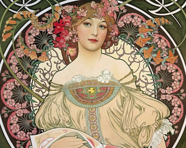 Elegant Woman in Art Nouveau Floral Design