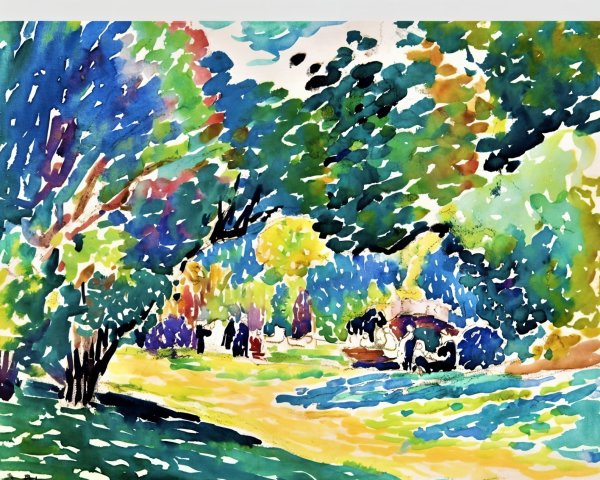 Lush Park Scene with Trees and Horse-Drawn Carriage