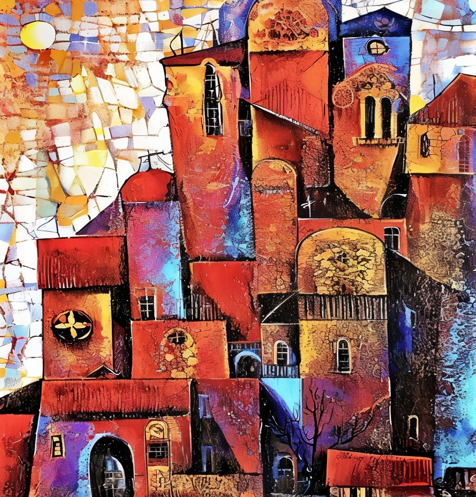 Vibrant Abstract Cityscape with Bold Colors and Patterns