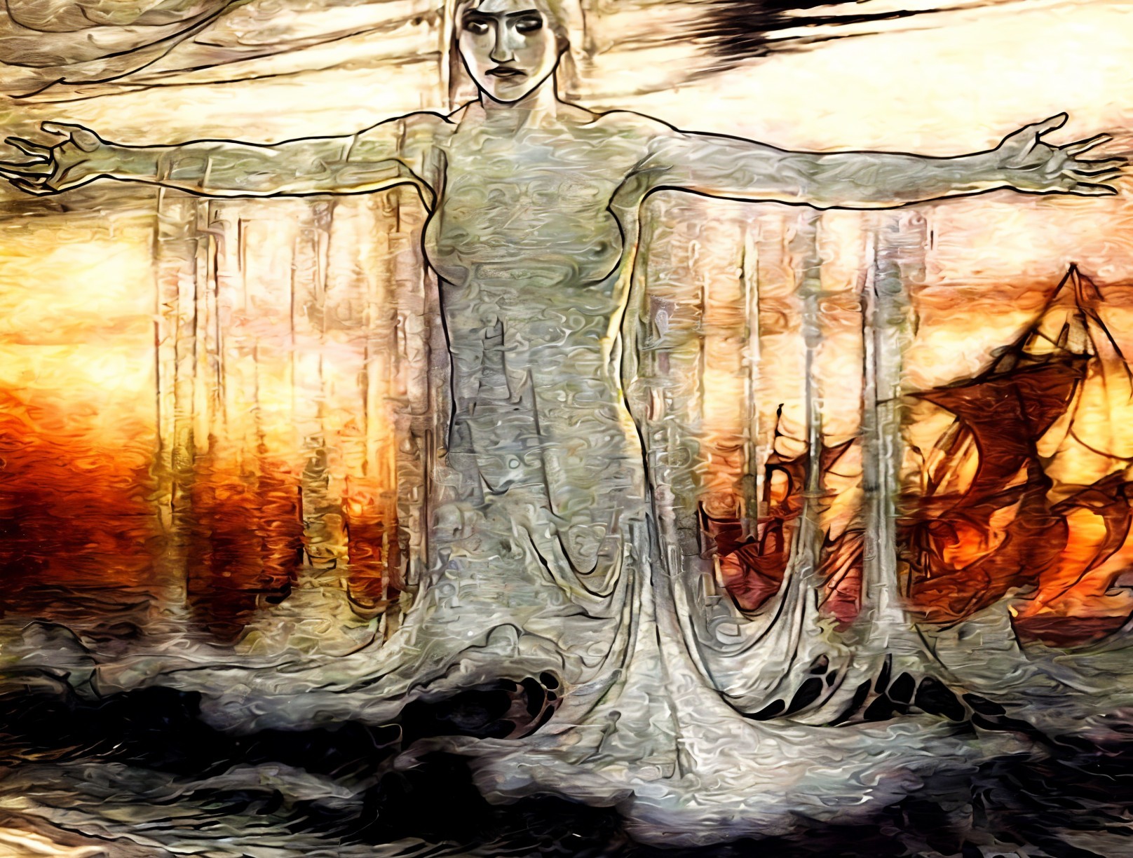 Mystical Figure in Ethereal Mist at Dramatic Sunset