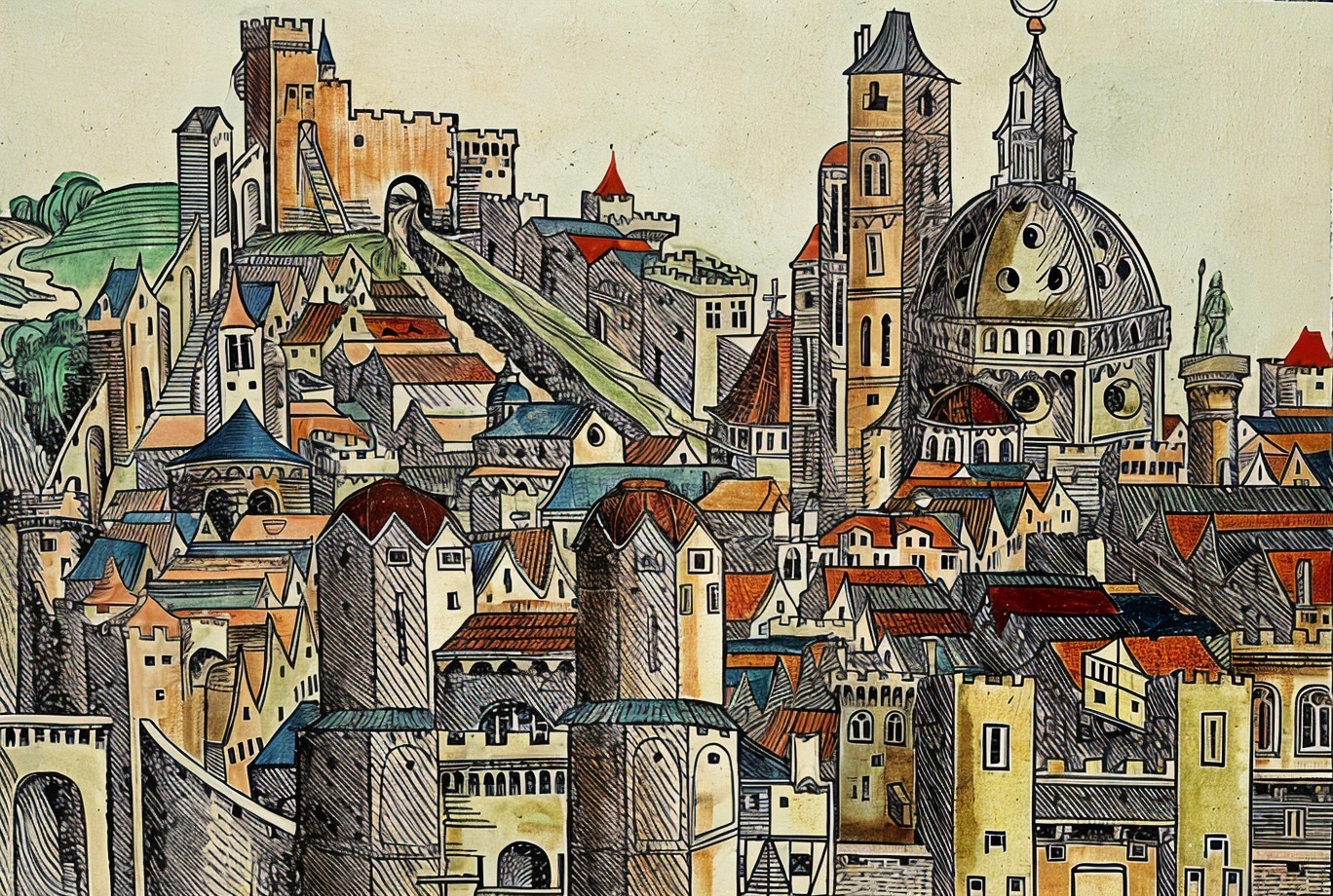 Vibrant Medieval Cityscape with Intricate Architecture