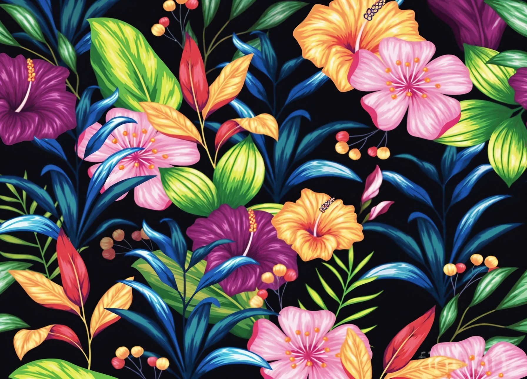 Vibrant Tropical Hibiscus Flower Pattern on Black Background