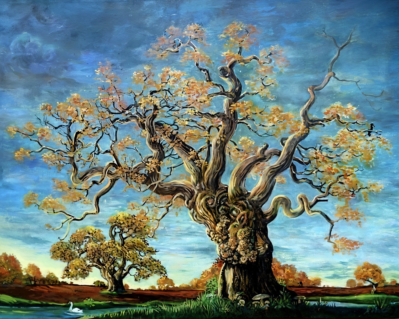 Ancient Tree with Autumn Leaves and Reflective Water