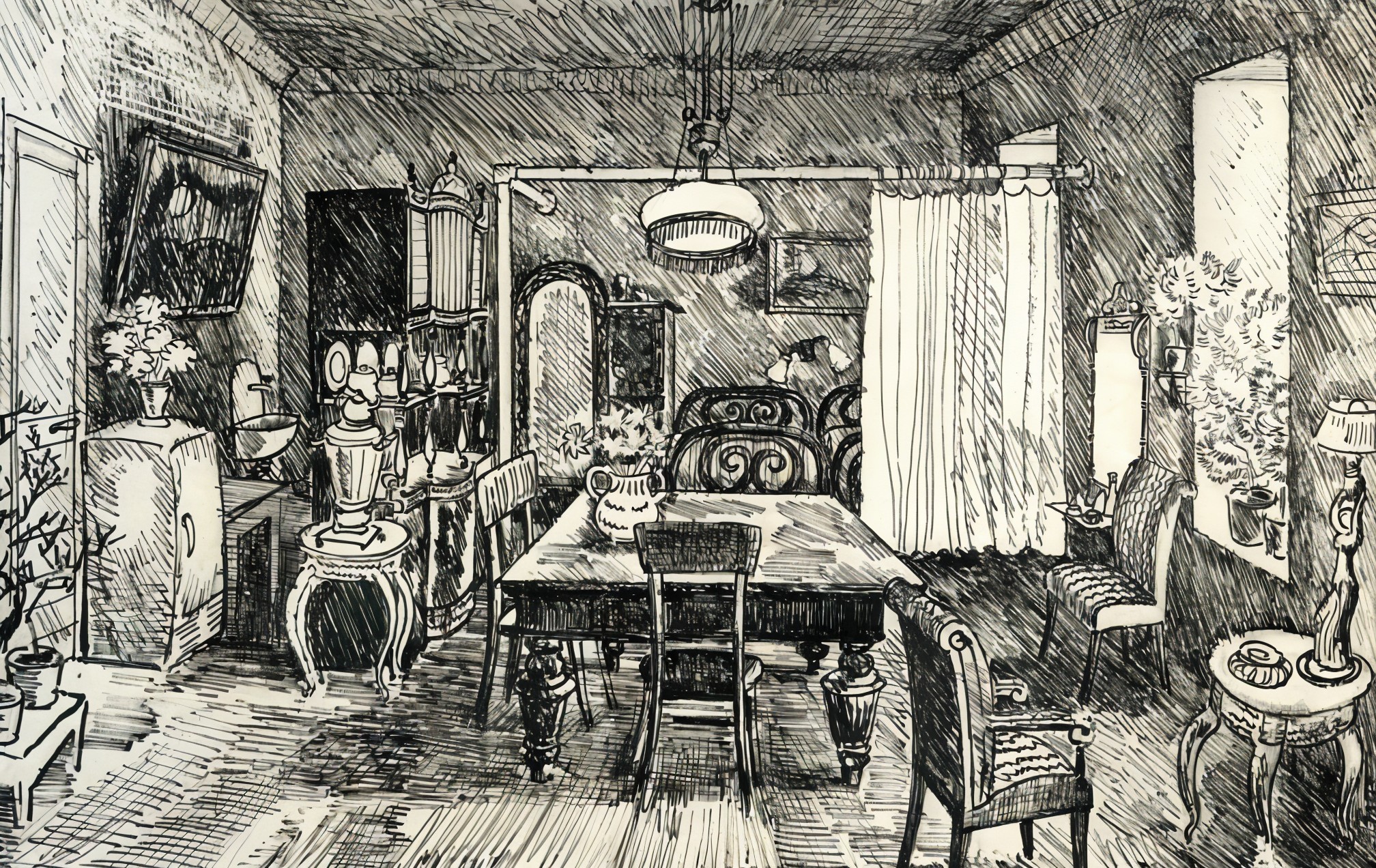 Cozy Interior Sketch of a Dining Room with Plants